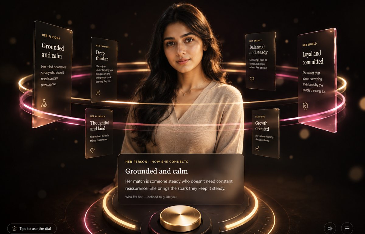 A member's nature unfolds as glass facet cards around them, on a glowing gold dial